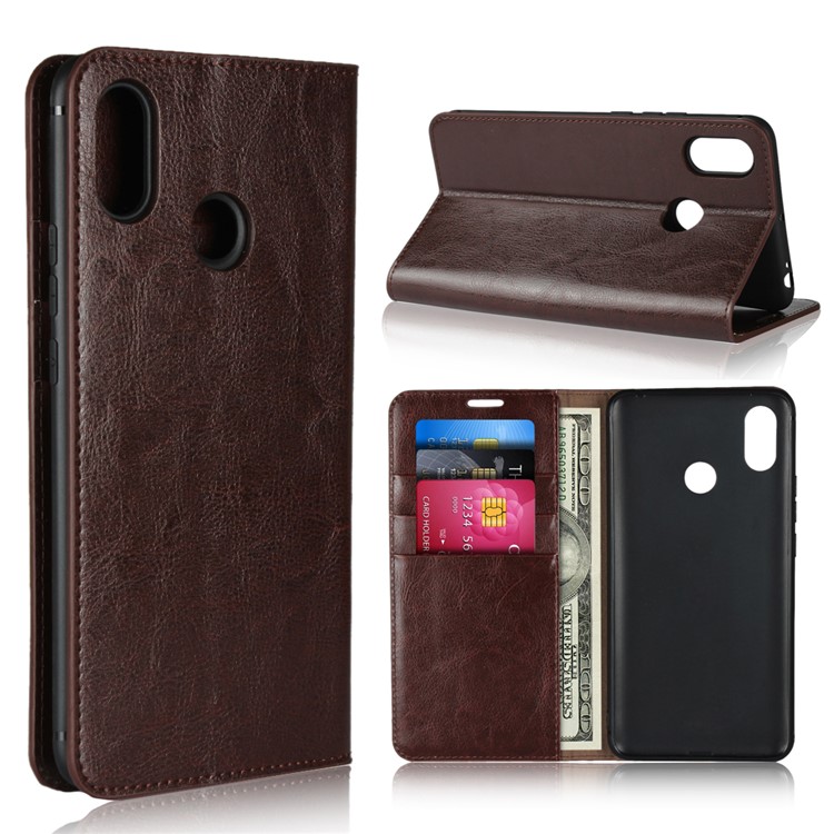 Crazy Horse Texture Genuine Leather Flip Mobile Case for Xiaomi Mi Max 3 - Coffee-1