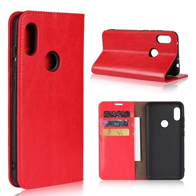 Crazy Horse Genuine Leather Wallet Cover for Xiaomi Redmi Note 6 Pro - Red-1