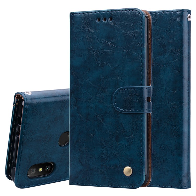 HAT PRINCE Oil Wax PU Leather Stand Phone Cover for Xiaomi Redmi Note 6 Pro - Blue-1