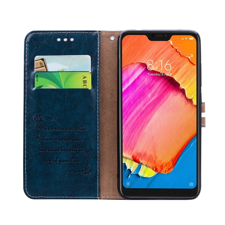 HAT PRINCE Oil Wax PU Leather Stand Phone Cover for Xiaomi Redmi Note 6 Pro - Blue-5