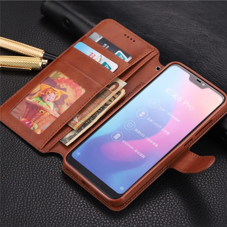 AZNS Leather Stand Casing with Card Slots for Xiaomi Mi A2 Lite / Redmi 6 Pro - Brown-13