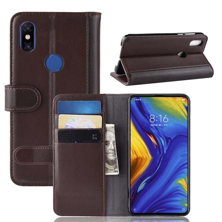 Genuine Split Leather Wallet Stand Cell Phone Cover for Xiaomi Mi Mix 3 - Brown-1