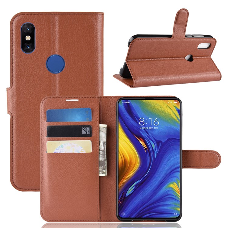 Litchi Skin Leather Stand Cover with Card Slots for Xiaomi Mi Mix 3 / Mix 3 5G - Brown-1
