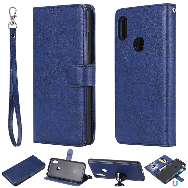PU Leather Wallet Cover + Detachable TPU Shell for Xiaomi Redmi Note 6 Pro - Blue-1