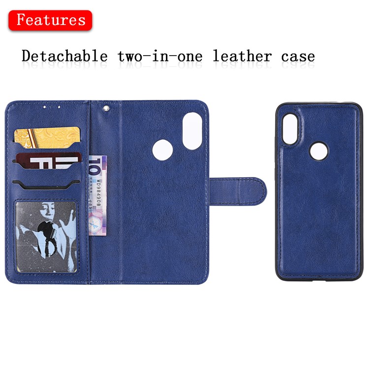 PU Leather Wallet Cover + Detachable TPU Shell for Xiaomi Redmi Note 6 Pro - Blue-4