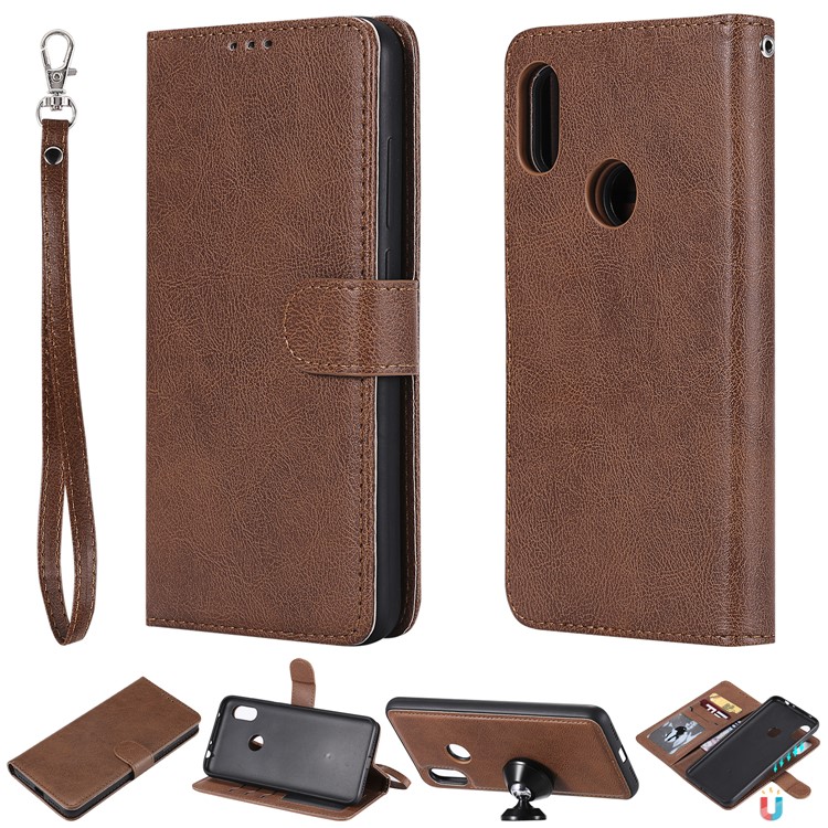 PU Leather Wallet Cover + Detachable TPU Phone Casing for Xiaomi Redmi Note 6 Pro - Brown-1