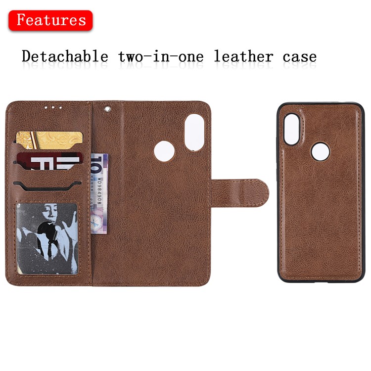 PU Leather Wallet Cover + Detachable TPU Phone Casing for Xiaomi Redmi Note 6 Pro - Brown-4