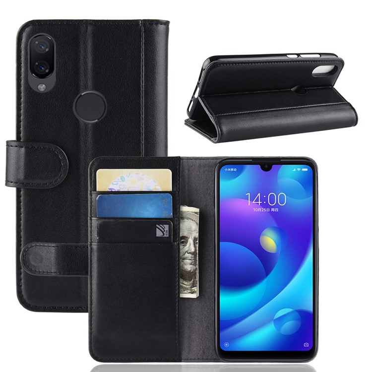 Genuine Split Leather Wallet Phone Cover with Stand for Xiaomi Mi Play - Black-1