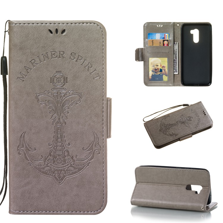 Imprint Anchor Wallet Leather Case for Xiaomi Pocophone F1 / Poco F1 (India) - Grey-1