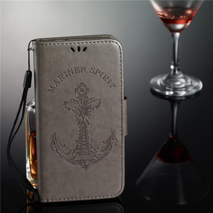 Imprint Anchor Wallet Leather Case for Xiaomi Pocophone F1 / Poco F1 (India) - Grey-10
