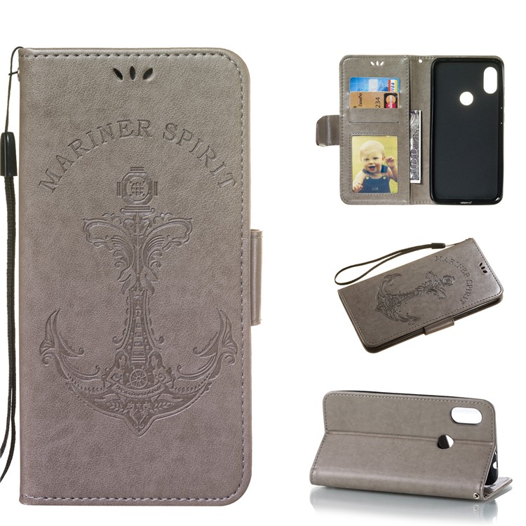 Imprint Anchor Wallet Leather Casing for Xiaomi Redmi Note 6 Pro - Grey-1