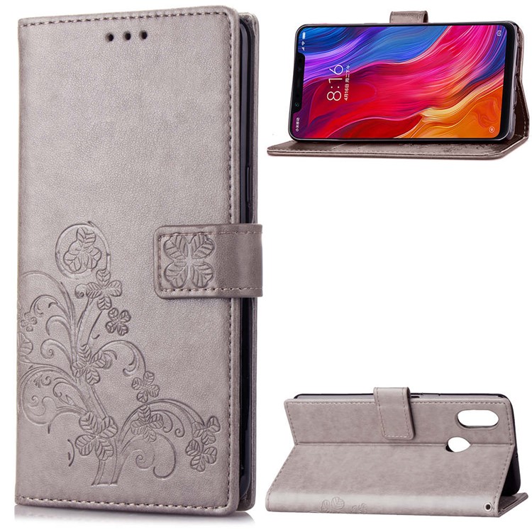 HAT PRINCE Imprinted Clover Leather Stand Wallet Cover for Xiaomi Mi 8 (6.21-inch) - Grey-1