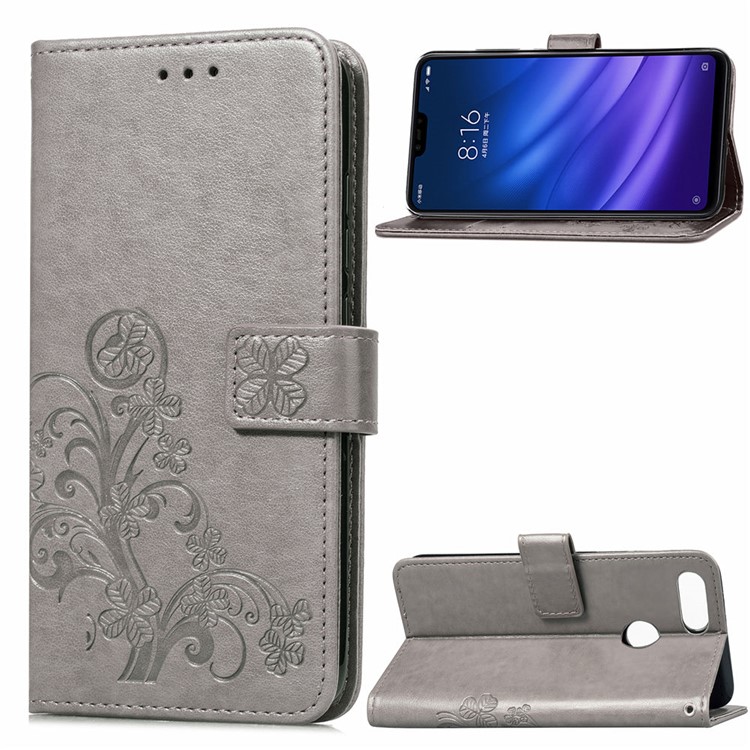 HAT PRINCE Тисненый Клеверный Кожаный Чехол-подставка Для Бумажника Xiaomi Mi 8 Lite / Ми 8 Молодежи (ми 8X) - Серый-1