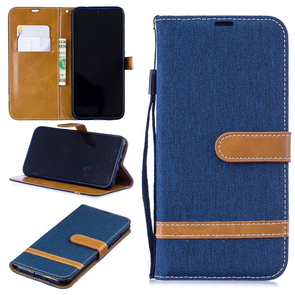 Étui en Cuir PU en Tissu en Jean Bicolore Pour Xiaomi Redmi Note 7s / Note 7 / Redmi Note 7 Pro (inde) - Bleu Foncé