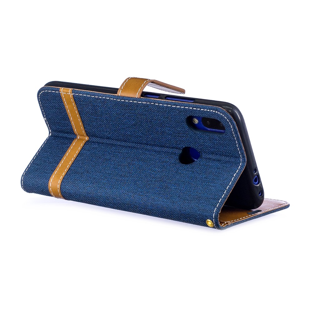 Étui en Cuir PU en Tissu en Jean Bicolore Pour Xiaomi Redmi Note 7s / Note 7 / Redmi Note 7 Pro (inde) - Bleu Foncé