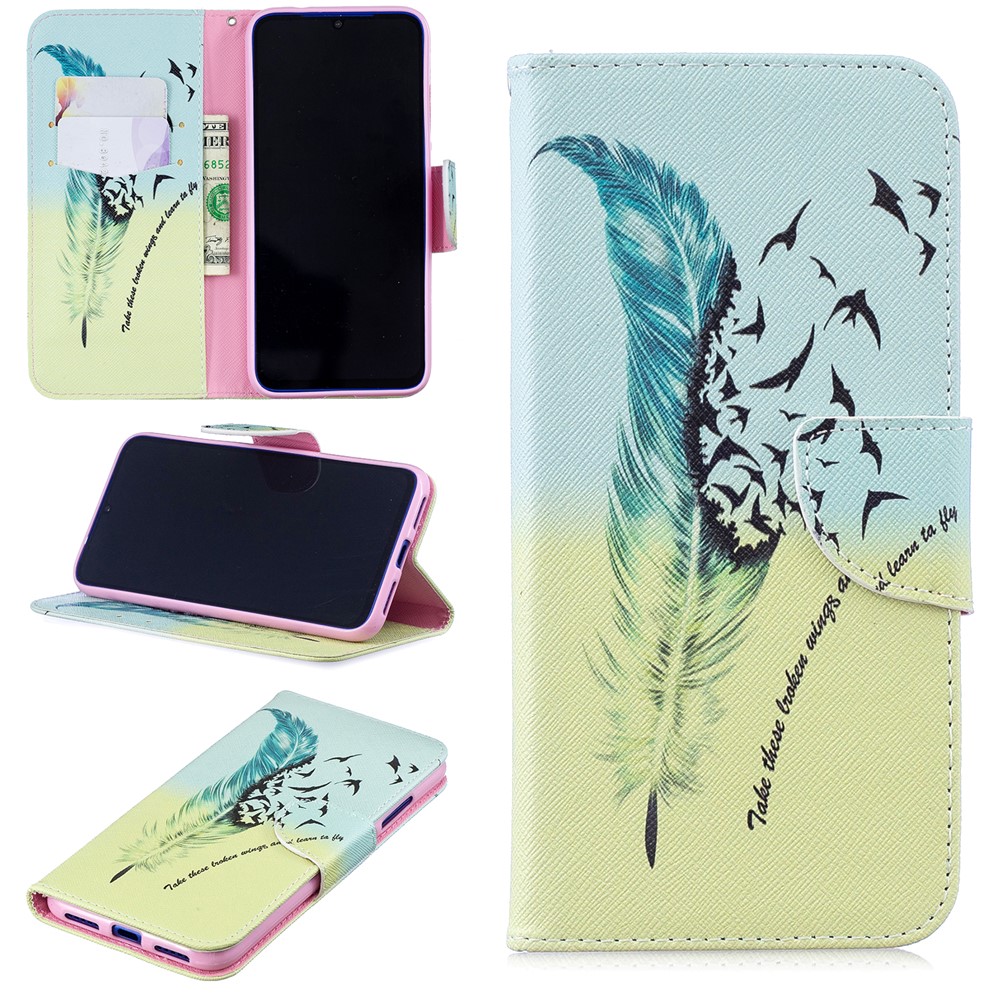 Pattern Printing PU Leather Folio Flip Phone Cover for Xiaomi Redmi Note 7S /Note 7 - Feather Pattern-1