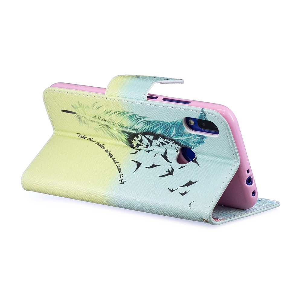 Pattern Printing PU Leather Folio Flip Phone Cover for Xiaomi Redmi Note 7S /Note 7 - Feather Pattern-5