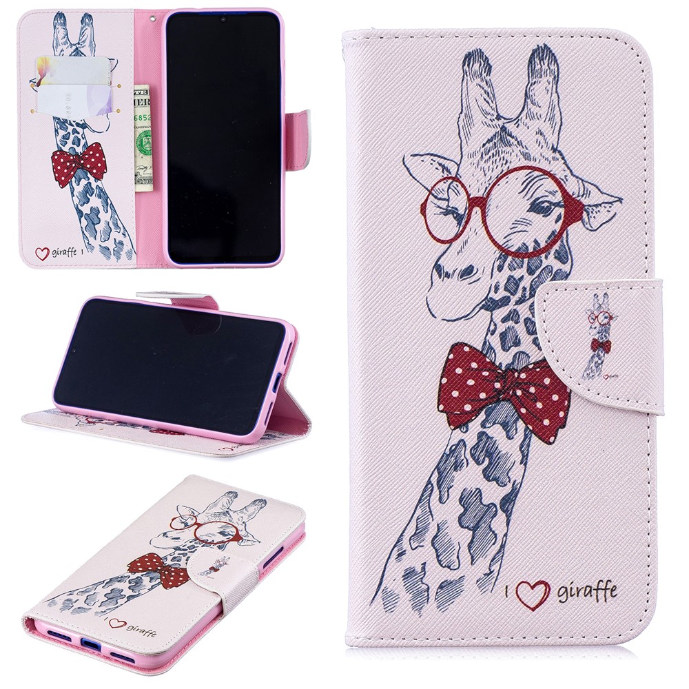 Pattern Printing PU Leather Folio Flip Phone Cover for Xiaomi Redmi Note 7S /Note 7 - Giraffe Wearing Glasses-1