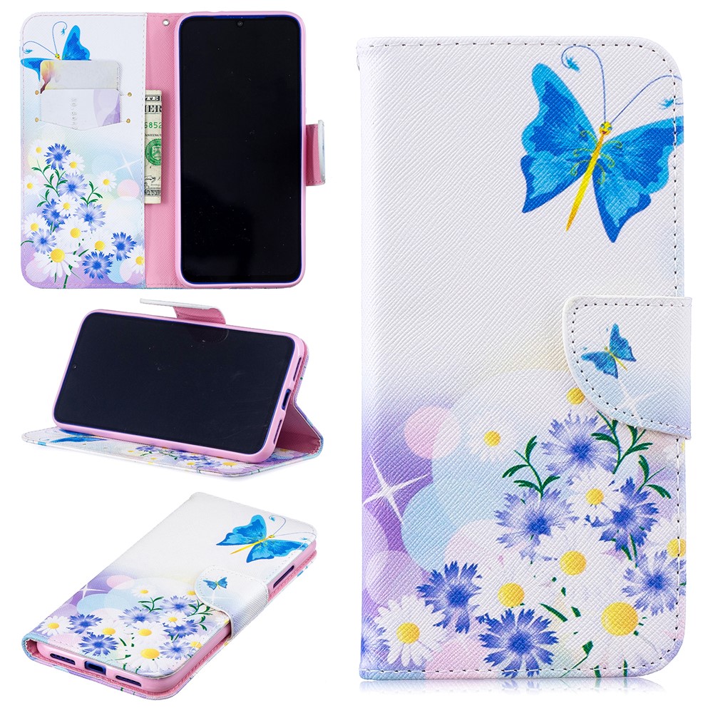 Pattern Printing PU Leather Folio Flip Phone Cover for Xiaomi Redmi Note 7S /Note 7 - Blue Butterflies-1