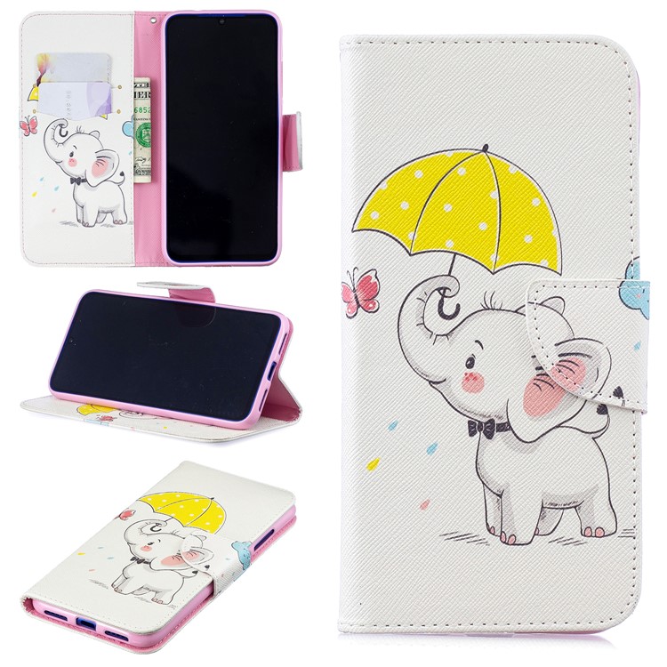 Pattern Printing Wallet Leather Stand Case for Xiaomi Redmi Note 7 / Note 7 Pro (India) - Elephant Holding an Umbrella-1