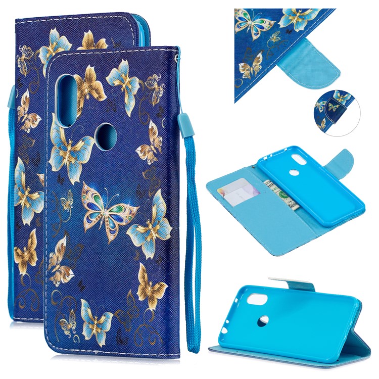 Pattern Printing Leather Wallet Case for Xiaomi Redmi Note 6 Pro - Blue Butterflies-1