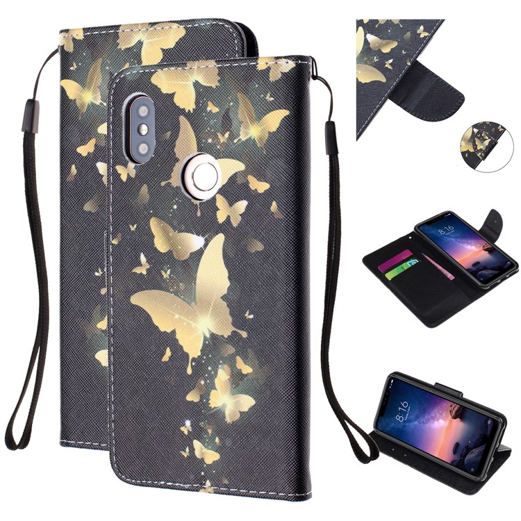 For Xiaomi Redmi Note 6 Pro Patterned Wallet Leather Protection Cover with Strap - Gold Butterfly-1