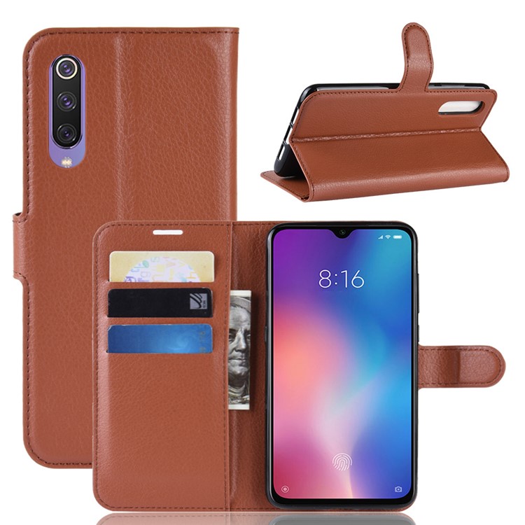 Litchi Skin PU Leather Magnetic Stand Flip Case for Xiaomi Mi 9 SE - Brown-1
