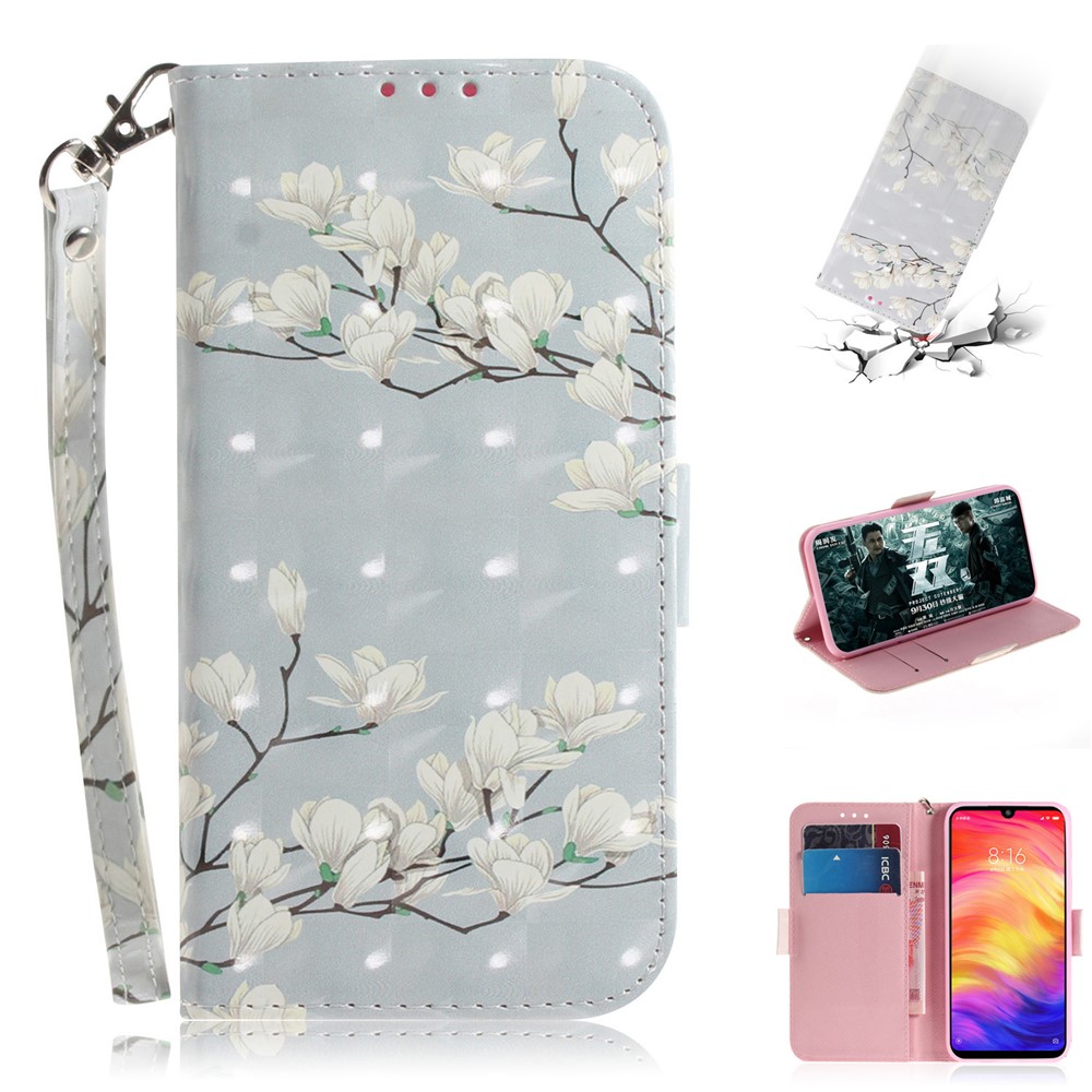 Pattern Printing Light Spot Decor Leather Wallet Case for Xiaomi Redmi Note 7S / Note 7 / Note 7 Pro (India) - White Flowers-1