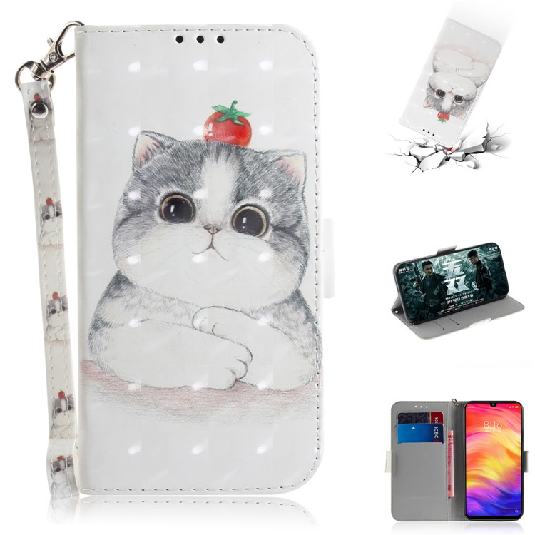 Pattern Printing Light Spot Decor Leather Wallet Case for Xiaomi Redmi Note 7S / Note 7 / Note 7 Pro (India) - Cat Holding a Tomato-1