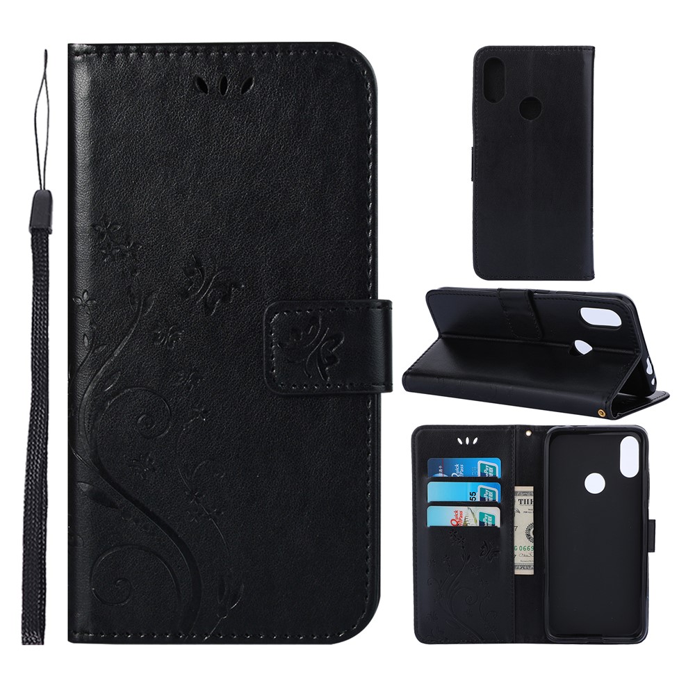 Imprint Butterfly Flower Leather Wallet Case for Xiaomi Redmi Note 7 / Note 7 Pro (India) - Black-1