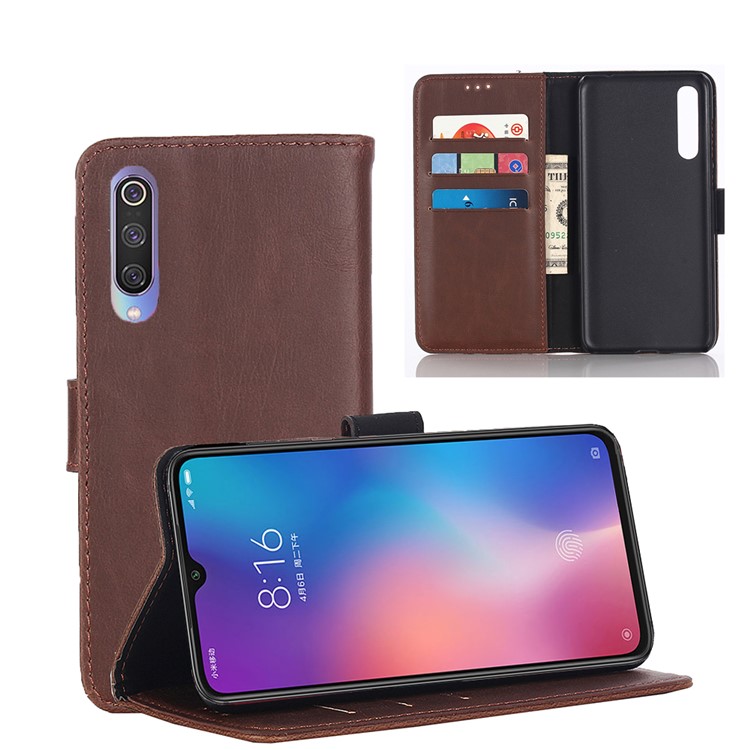 Crazy Horse Wallet Leather Stand Case for Xiaomi Mi 9 - Coffee-1