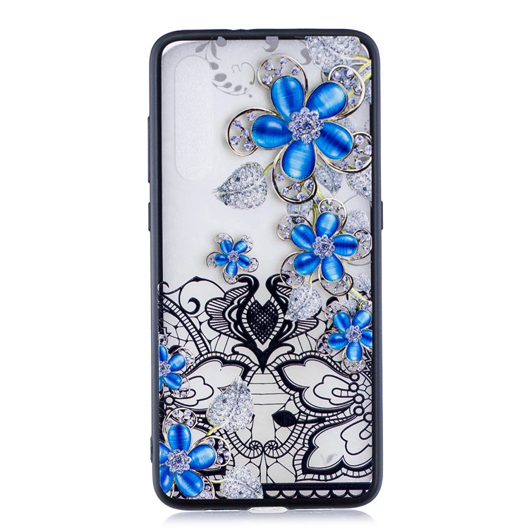Lace Embossed Rhinestone Flower PC TPU Combo Mobile Phone Case for Xiaomi Mi 9 - Blue Flower-1