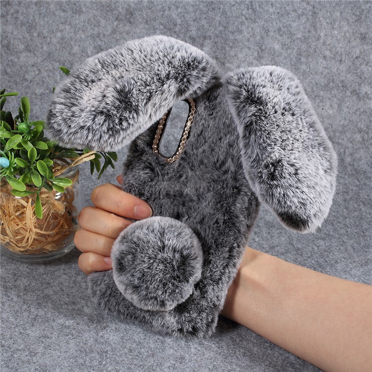 Rabbit Shape Fluffy Fur Coated Rhinestone TPU Cover for Xiaomi Mi 9 - Dark Grey-4