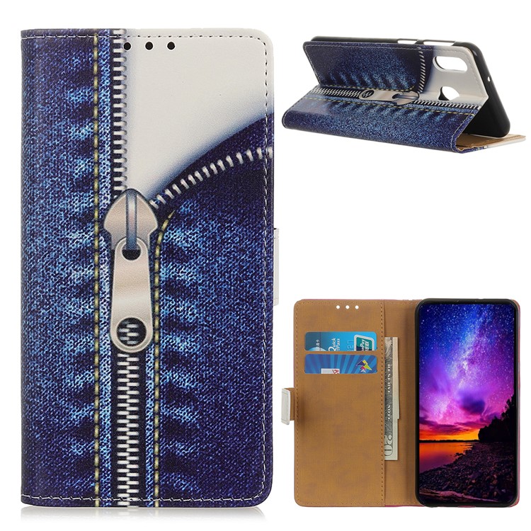 Pattern Printing Leather Wallet Stand Case for Xiaomi Redmi 7 / Redmi Y3 - Jeans Metal Zipper-1