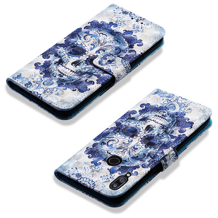 Pattern Printing Light Spot Decor Stand Leather Wallet Cover for Xiaomi Redmi Note 7 / Redmi Note 7 Pro (India) - Flowered Skull-7