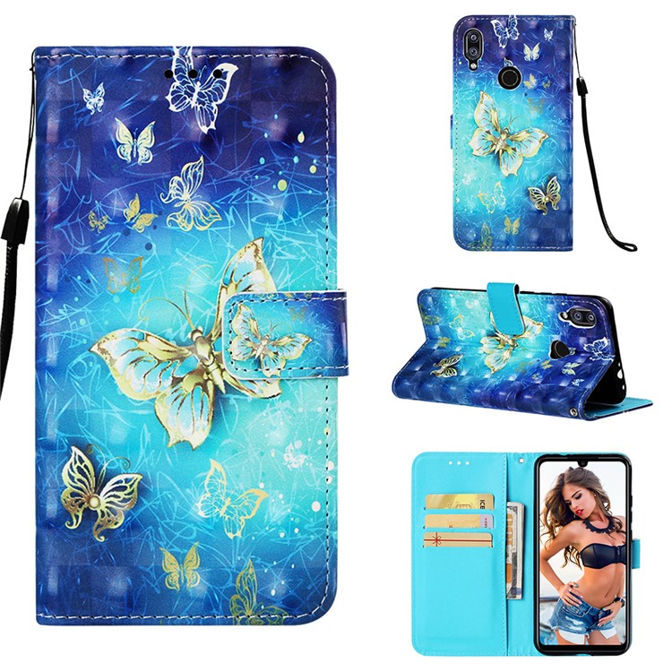 Pattern Printing Light Spot Decor Stand Leather Wallet Cover for Xiaomi Redmi Note 7S / Note 7 / Redmi Note 7 Pro (India) - Gold and Blue Butterfly-1
