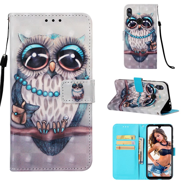 Pattern Printing Light Spot Decor Stand Leather Wallet Cover for Xiaomi Redmi Note 7S / Note 7 / Redmi Note 7 Pro (India) - Owl-1