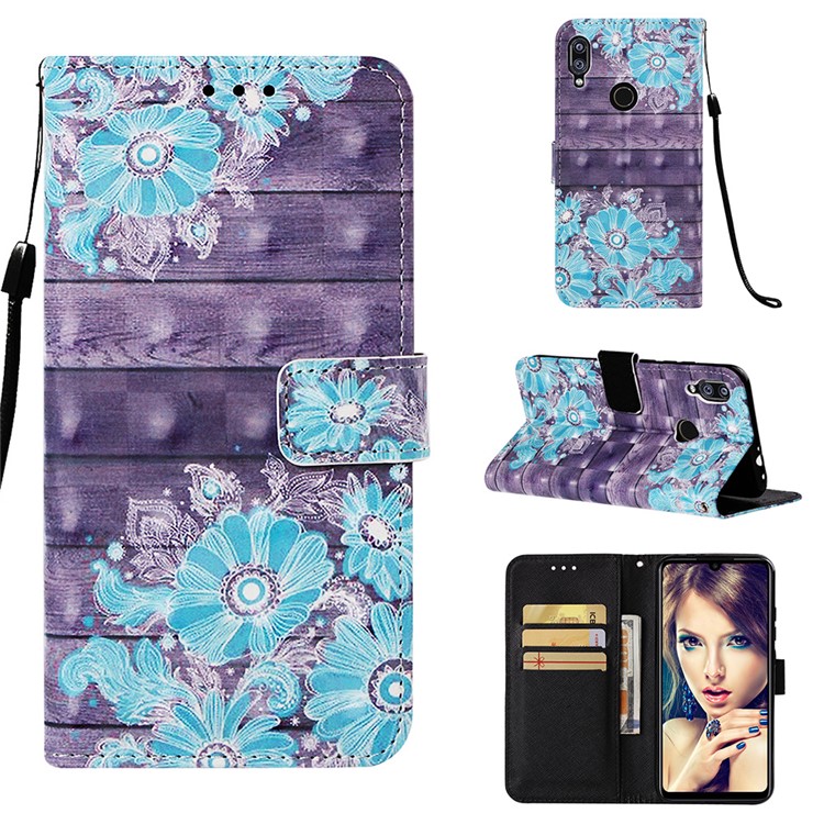 Pattern Printing Light Spot Decor Stand Leather Wallet Cover for Xiaomi Redmi Note 7S / Note 7 / Redmi Note 7 Pro (India) - Blue Flower-1