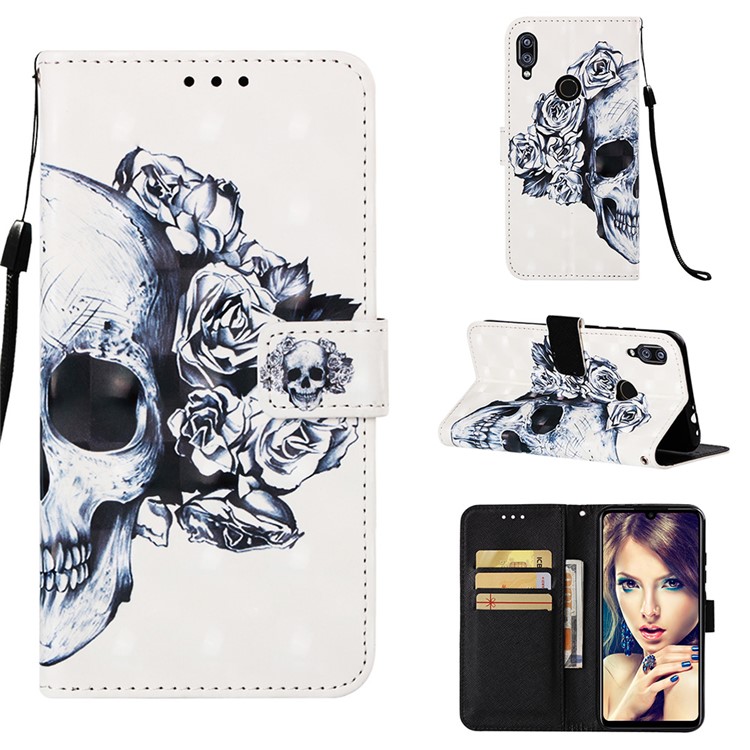 Pattern Printing Light Spot Decor Stand Leather Wallet Cover for Xiaomi Redmi Note 7S / Note 7 / Redmi Note 7 Pro (India) - Rose Skull-1
