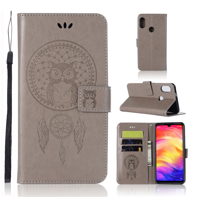Imprint Dream Catcher Owl Leather Wallet Mobile Cover for Xiaomi Redmi 7 / Redmi Y3 - Grey-1