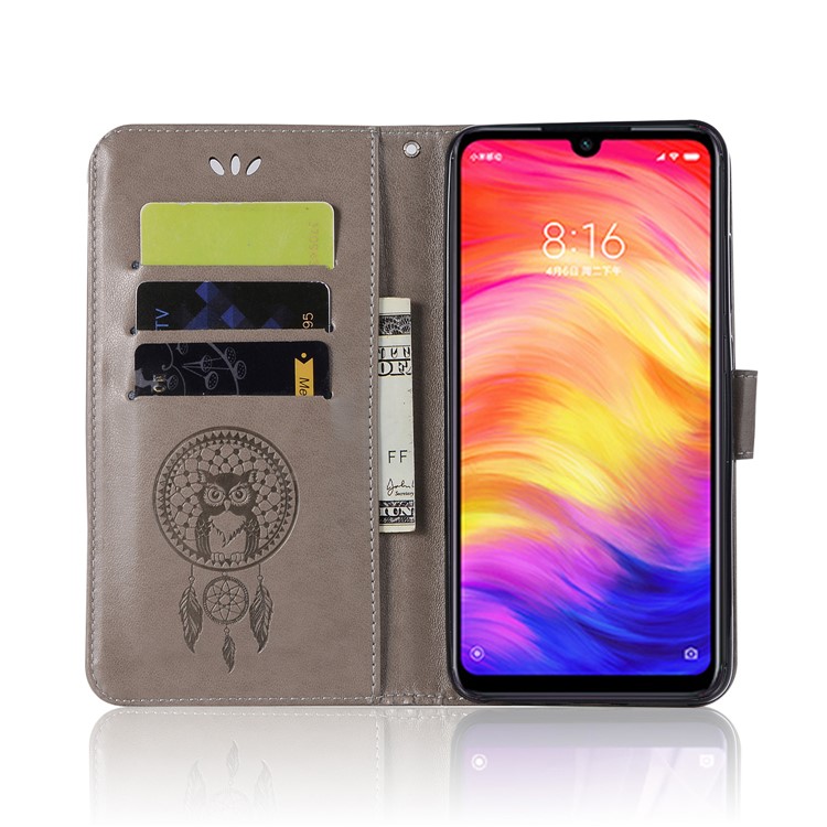 Imprint Dream Catcher Owl Leather Wallet Mobile Cover for Xiaomi Redmi 7 / Redmi Y3 - Grey-2