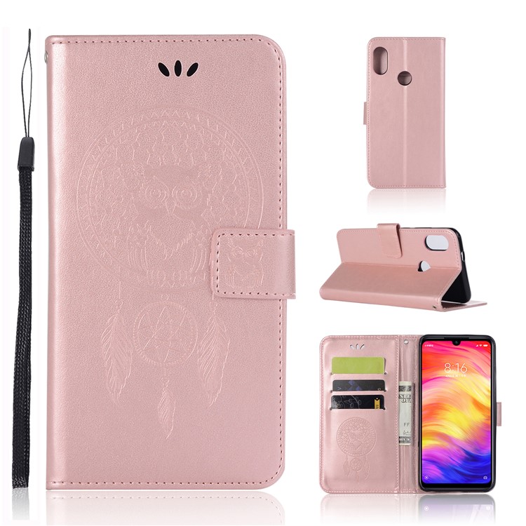 Imprint Dream Catcher Owl Leather Wallet Mobile Cover for Xiaomi Redmi 7 / Redmi Y3 - Rose Gold-1