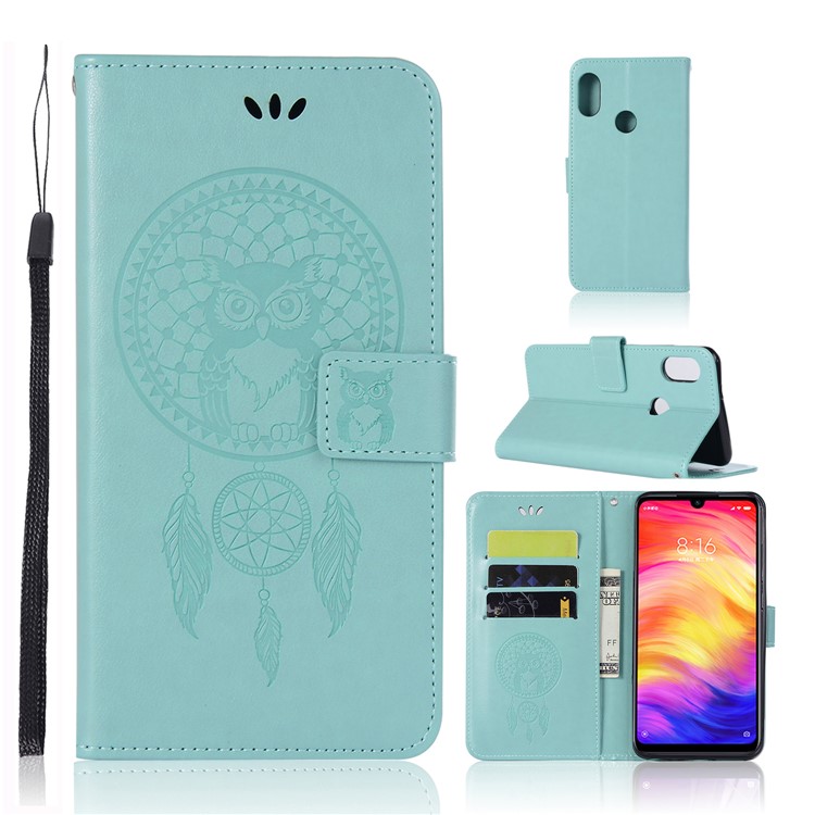 Imprint Dream Catcher Owl Leather Wallet Mobile Cover for Xiaomi Redmi 7 / Redmi Y3 - Cyan-1