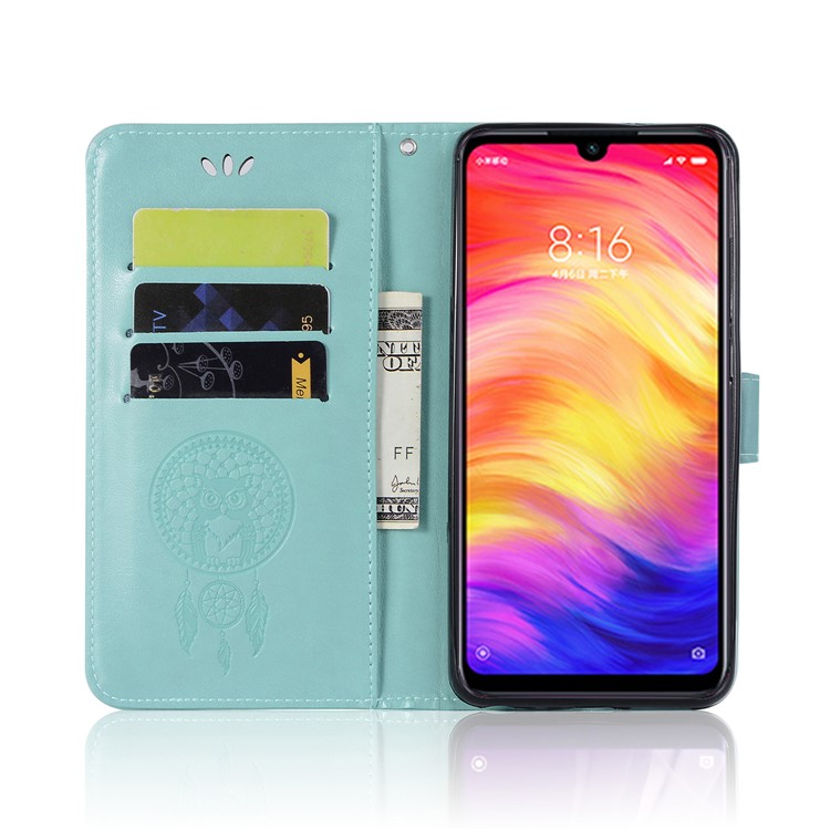 Imprint Dream Catcher Owl Leather Wallet Mobile Cover for Xiaomi Redmi 7 / Redmi Y3 - Cyan-2