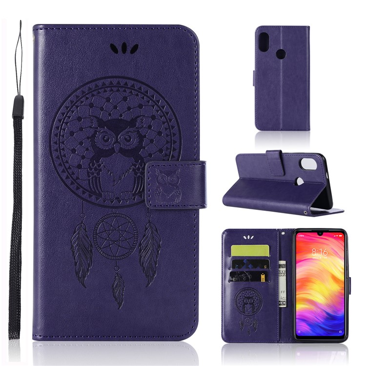 Imprint Dream Catcher Owl Leather Wallet Mobile Cover for Xiaomi Redmi 7 / Redmi Y3 - Purple-1