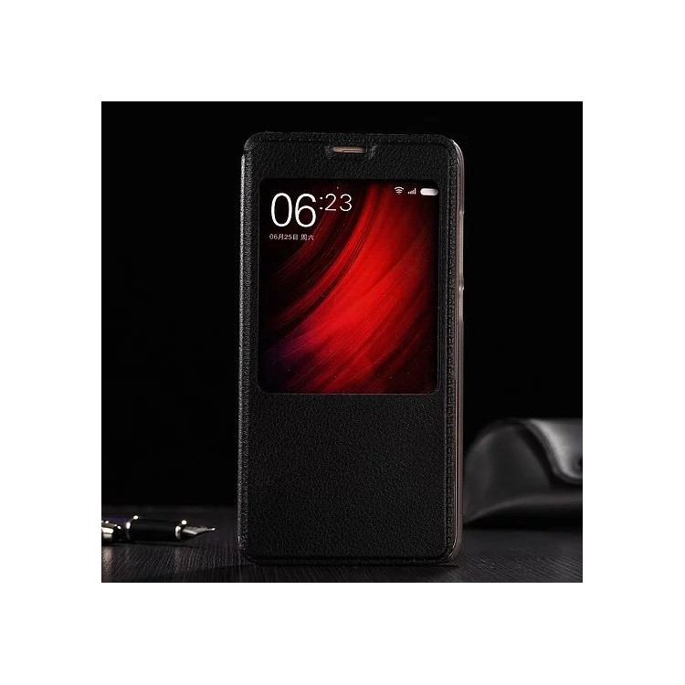 Information View Window Leather Stand Case for Xiaomi Redmi Note 4 - Black-1