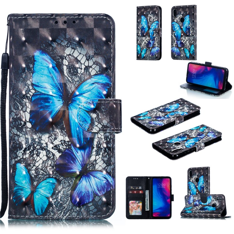 Pattern Printing Light Spot Decor Leather Wallet Case for Xiaomi Redmi Note 7S / Note 7 / Note 7 Pro (India) - Blue Butterfly-1