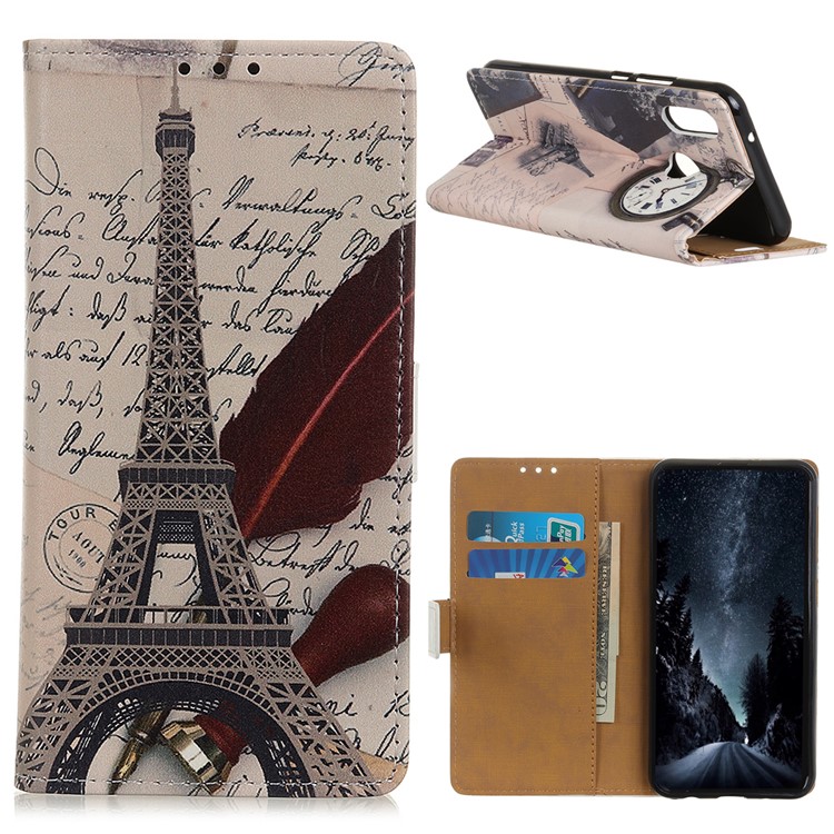 Pattern Printing Wallet Stand Leather Mobile Casing for Xiaomi Redmi 7 / Redmi Y3 - Eiffel Tower and Quill-pen-1
