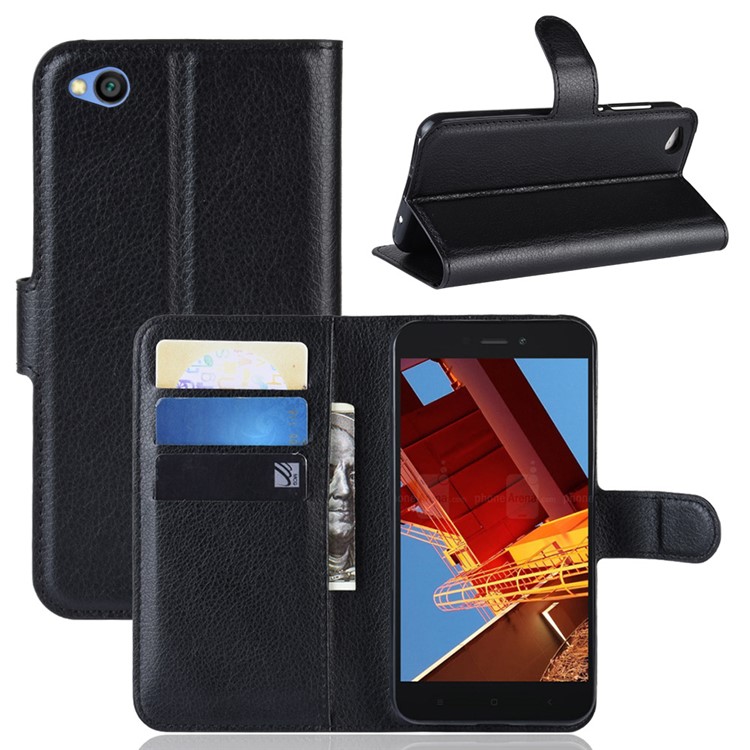 Litchi Skin PU Leather Magnetic Wallet Protection Case for Xiaomi Redmi Go - Black-1