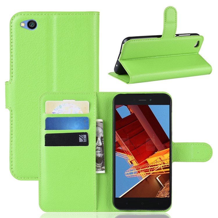 Litchi Skin PU Leather Magnetic Wallet Protection Case for Xiaomi Redmi Go - Green-1